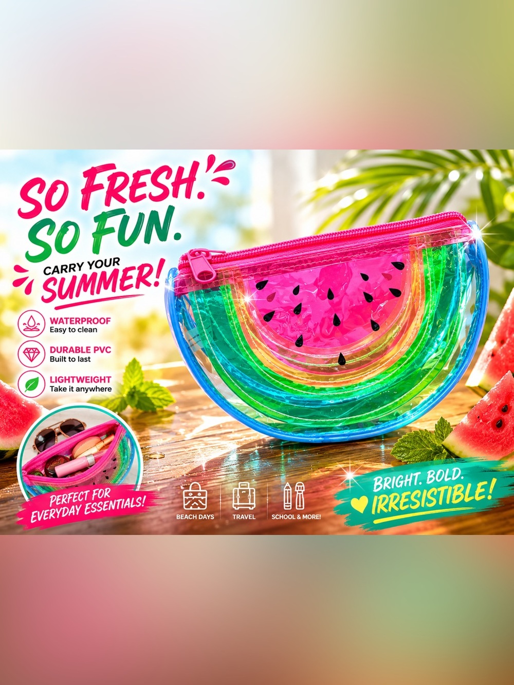 🍉 Cute Watermelon Coin Purse / Cosmetic Bag – Clear PVC Zipper Pouch – 8” x 4.5”